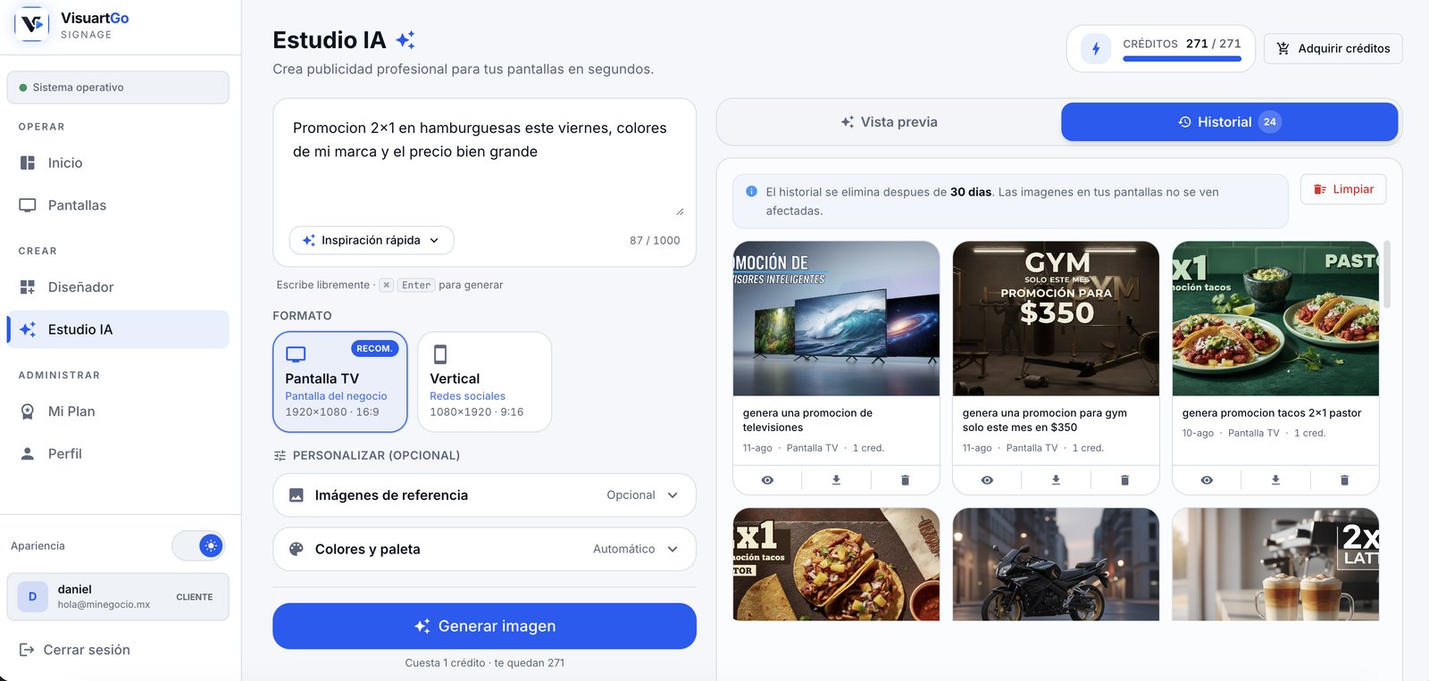 El Estudio IA de VisuartGo: a la izquierda el encargo escrito, «Promoción 2x1 en hamburguesas este viernes», y a la derecha el historial con anuncios ya generados.